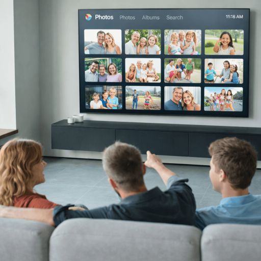 Family viewing digitized photos on TV together