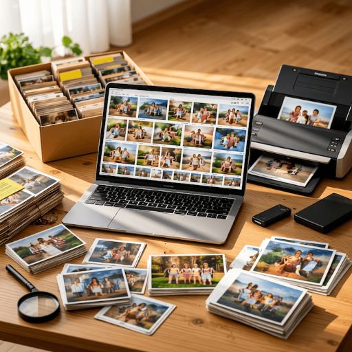 Photo scanning setup with laptop, scanner, and family photos