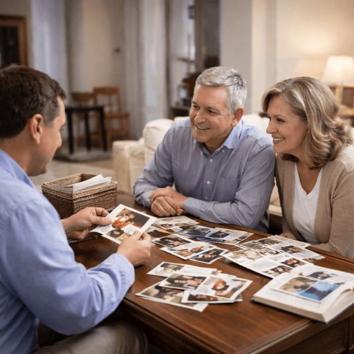 Family reviewing photos with Joseph